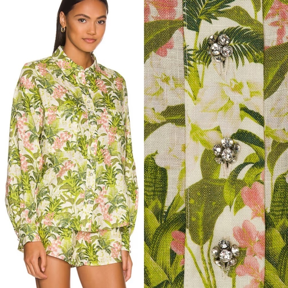 CAMI NYC Belkis Top in Tropics Print 100% Linen Green Pink Diamond Buttons XS